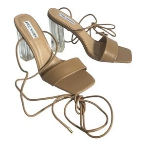 Steve Madden JILI Nude Lace-Up Sandals 8.5 | Clear Block Heels | New in Box